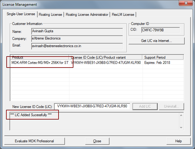 Keil Licence Add Success